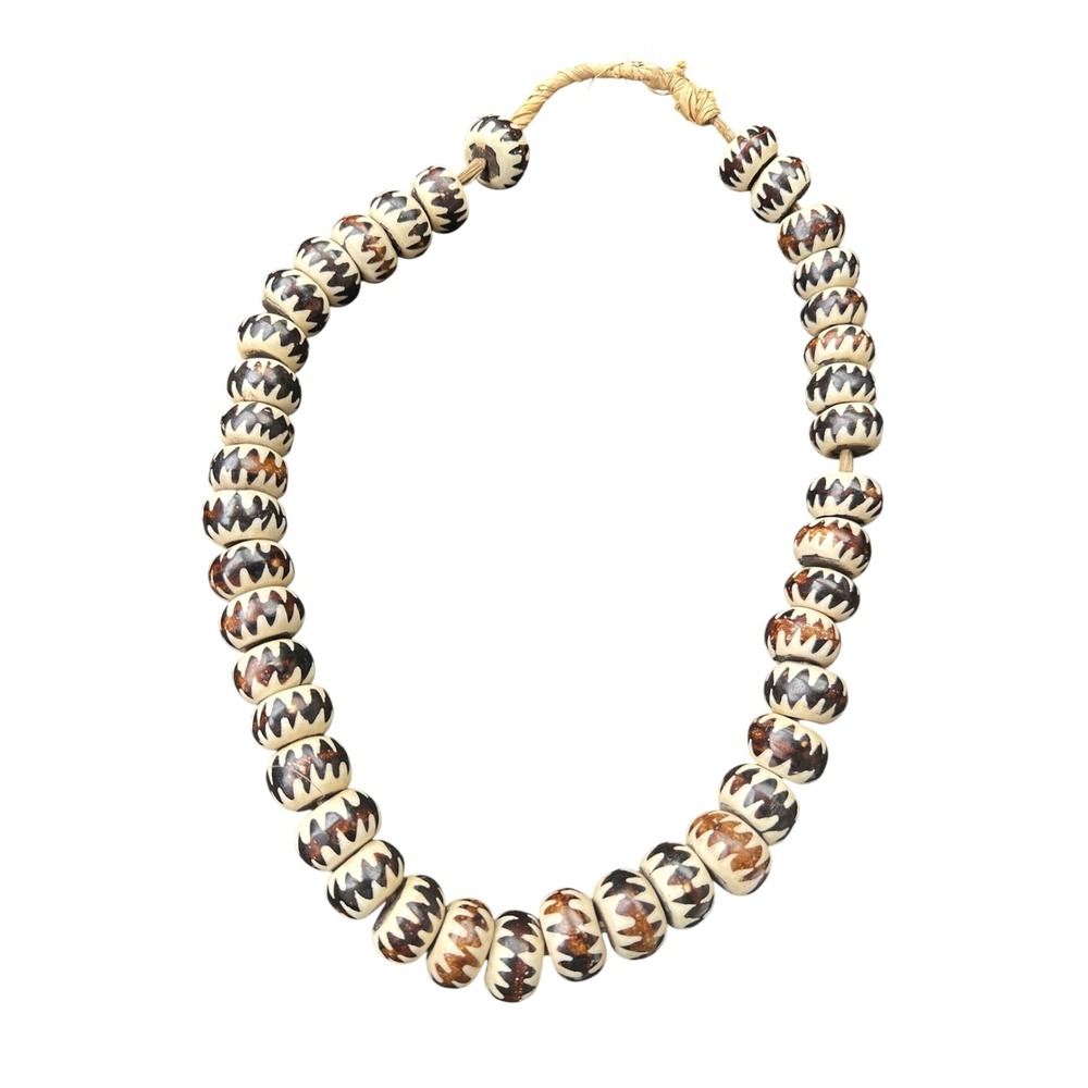 African Batik Bone Bead Necklace Brown Cream Zigzag Geometric‎ Statement 26 Inch